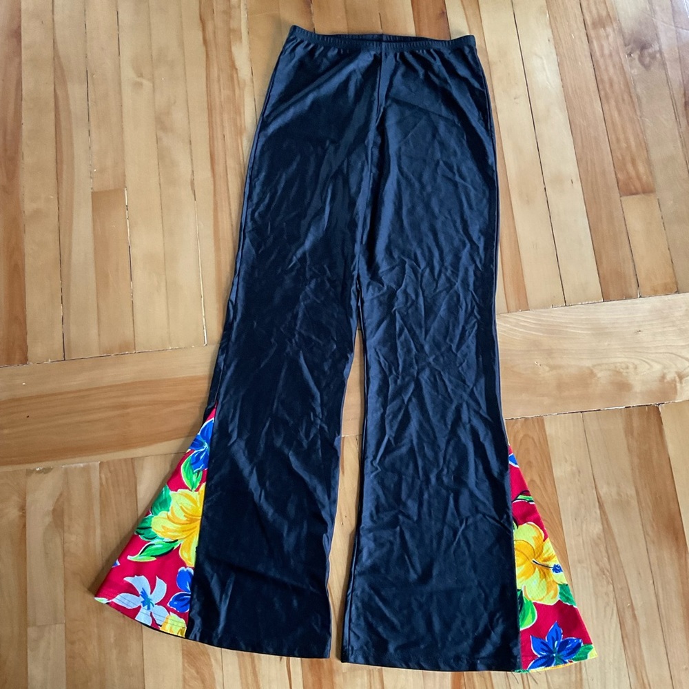 Vintage 90s Floral Flare Pants Black Pink Funky Festival Rave Whimsigoth L